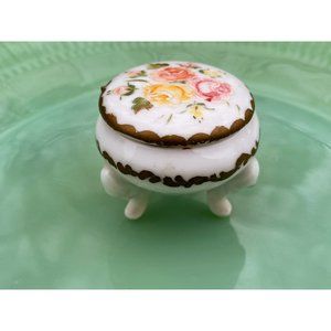 Vintage footed Porcelain Trinket box Hand painted roses